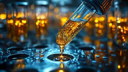 Poster - Laboratory pipette dispensing golden liquid into test tubes, surrounded by glowing glassware on a reflective surface