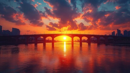 Poster - A vibrant sunset over a bridge reflecting on water, creating a serene atmosphere.