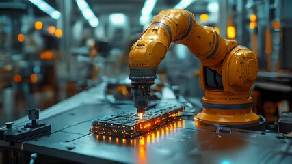 Poster - Advanced yellow robotic arm assembling electronic components on a production line in a high-tech factory setting