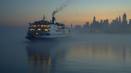 Canvas Print - Ferry boat sailing on foggy water towards city skyline at dawn.