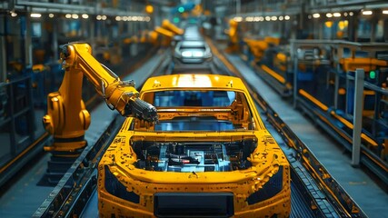 Poster - Yellow sports car on a robotic assembly line, surrounded by industrial machinery