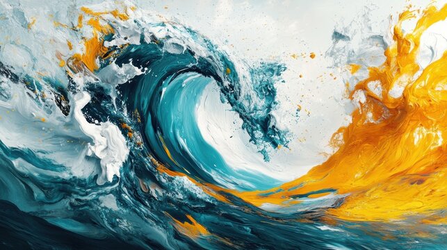 an Abstract a vibrant and dynamic of Japanese wave, The Japanese wave is primarily composed of turquoise and bright yellow hues, creating a sense of movement and energy