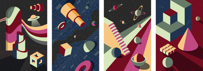 Wall Mural - abstract psychedelic space composition set with vibrant trendy vintage colors. posters with geometri
