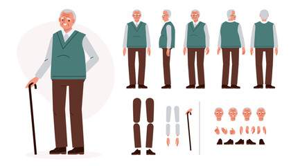 Wall Mural - elderly man character constructor for animation. front, side and back view set. body parts, postures