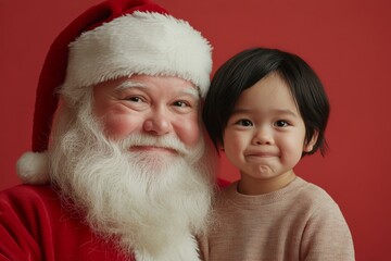 Wall Mural - Isolated white toddler boy in santaâ€™s knee on red background. Joyful yuletide, gorgeous toddler boy! copy space. Christmas lap kid photo. Red santa photo shoot. Christmas red cute portrait.