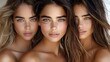 © tonpreecha - A close-up of three women with radiant complexions in soft natural lighting, exuding confidence and luxury for a premium skincare advertisement, ultra-realistic, photo-realistic, highly detailed,