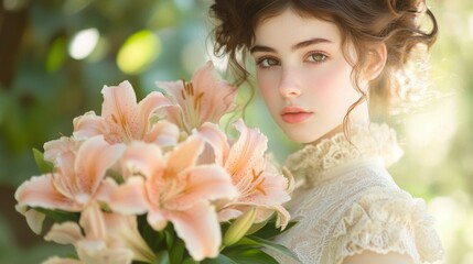 Wall Mural - Young Woman Holding Peach Lilies Outdoors