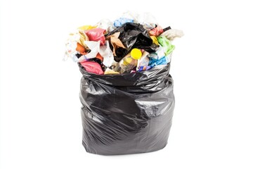 Poster - A black trash bag filled with waste on a clean white surface