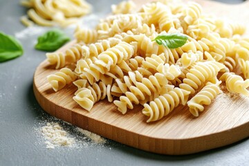 Aufkleber - Freshly cooked pasta arranged on a wooden cutting board, perfect for a food presentation or kitchen decor