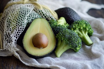 Poster - A still life of avocado, broccoli, and onion on a table