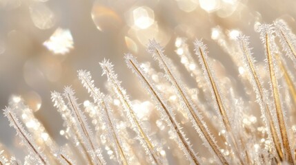 Poster - Close-up of frost-covered grass blades glistening in soft light.