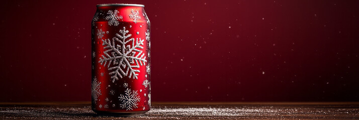 Poster - A festive can of Christmas beer with snowflakes and holiday-themed designs, placed on a solid-colored background,