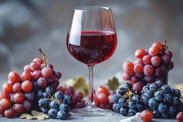 Aufkleber - A glass of red wine accompanied by a cluster of fresh grapes, perfect for a cozy evening or romantic dinner