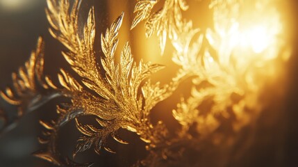 Poster - Close-up of intricate frost patterns illuminated by warm light.