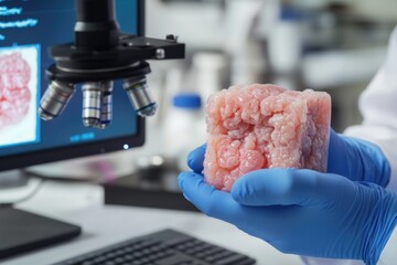 Poster - A researcher holds a piece of meat near a microscope, providing a close-up view of the sample