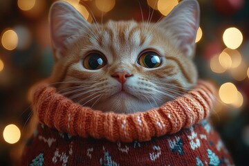 Poster - A close-up shot of a cat wearing a colorful sweater