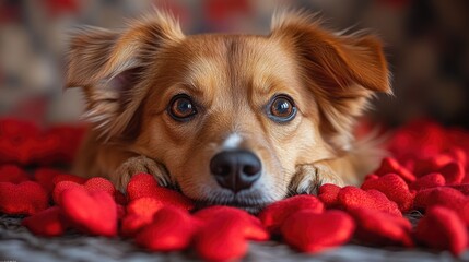 Poster - A dog lying on a bed of red hearts, a symbol of love and affection