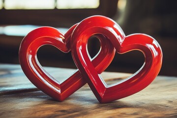 Poster - Couple of red hearts sitting on a wooden table, perfect for romantic occasions and gifts