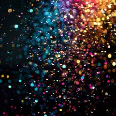 bright shining sparkling rainbow confetti falling against black