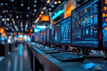Poster - a row of computer monitors sitting on a desk, suitable for use in an office or home workspace