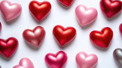 Poster - Collection of bright red and pink hearts on a white background, ideal for Valentine's Day or romantic theme