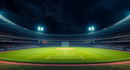 a beautiful sports stadium with a green grass field that shines with blue spotlights at night with stars. cricket stadium, cricket tournament, world championship