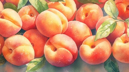 Wall Mural - vibrant watercolor peaches with green leaves for culinary and branding designs