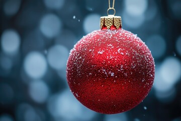 Poster - A single red Christmas ornament hangs from a metal chain, ready for decoration