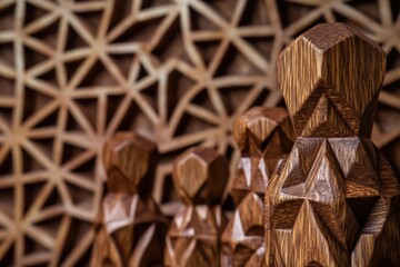 Poster - A collection of wooden sculptures sits atop a table, providing a unique decorative piece