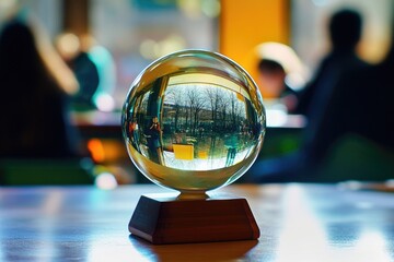 Poster - A decorative glass ball sits atop a rustic wooden table, ready for display