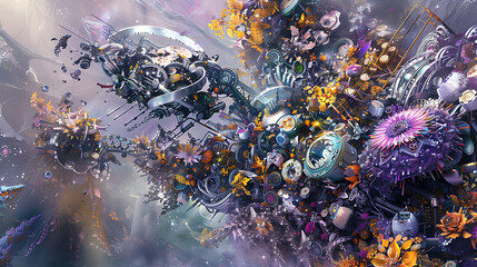 A high-tech autonomous robot assembling complex machinery in a factory,
