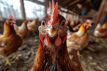 Aufkleber - A close-up view of a chicken inside a rustic barn
