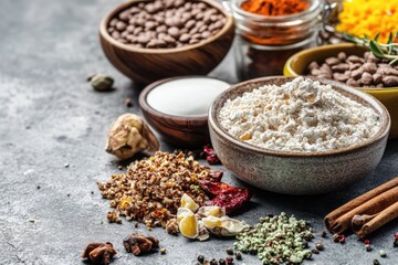 Sticker - A table topped with various spices and containers, great for cooking or culinary themed projects