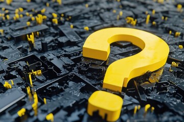 Poster - A simple yellow question mark on a black background, suitable for use in illustrations, graphics, and designs where curiosity and inquiry are themes