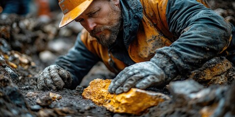 Aufkleber - A worker in a hard hat and gloves is removing rocks from a pile, possibly for construction or landscaping purposes