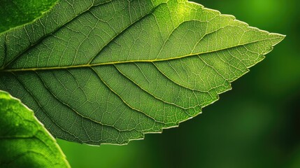 Canvas Print - Detailed Close-Up of Vibrant Green Leaf with Natural Textures Against a Soft Focus Background in Nature