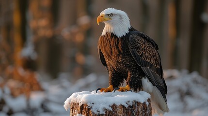 Poster - A bald eagle sits atop a decaying tree stump, surrounded by foliage