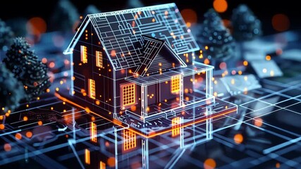 Poster - Glowing lines and nodes form a futuristic blueprint of a smart home, symbolizing innovation in architecture and technology
