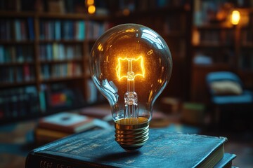 Poster - A light bulb is placed on top of an open book, a simple yet striking combination