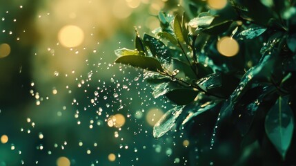 Canvas Print - Refreshing water droplets glistening on green leaves with soft bokeh background creating a serene nature atmosphere.