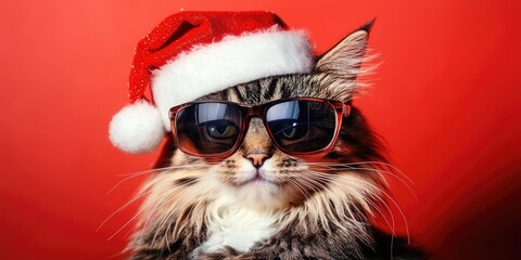 Aufkleber - A domestic cat wearing sunglasses and a festive Santa hat, perfect for holiday-themed photoshoots or social media posts