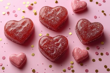 Poster - A cluster of heart-shaped candies arranged on a bright pink surface, ideal for packaging or promotional use