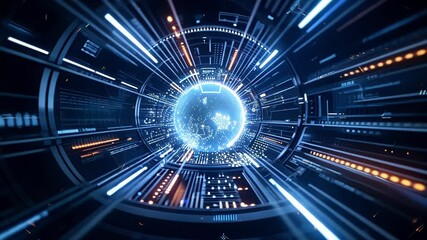 Poster - futuristic tunnel with glowing lights and data streams leads to a holographic projection of planet e