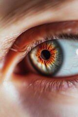 Poster - Close-up shot of a person's eye with an Apple logo, ideal for use in tech-related contexts or as a creative representation of technology and innovation