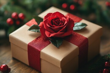 Poster - A single red rose sits atop a decorative gift box, perfect for romantic occasions or as a symbol of appreciation