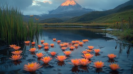 Poster - A serene scene of water lilies floating on calm water, with a mountain rising in the background