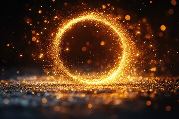 Poster - A circular pattern of golden sparkles against a dark, black background