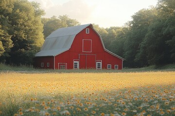 Aufkleber - A classic rural scene with a bright red barn surrounded by a vibrant yellow flower field