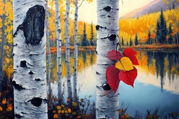 Poster - A single leaf hangs from a tree branch above the calm waters of a lake