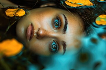 Poster - A woman is lying down in a pool of water, relaxing and calm